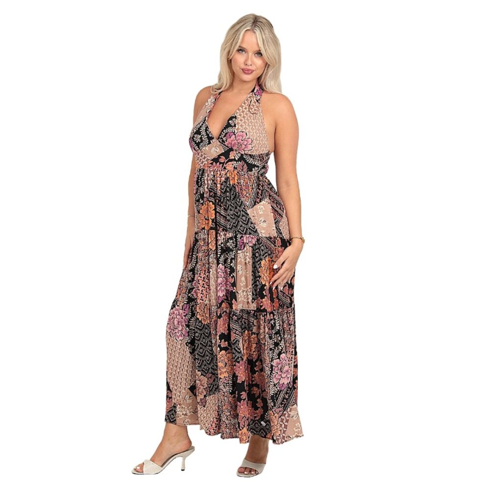 Angie Black & Pink Patchwork Halter Maxi Dress C4868-A926